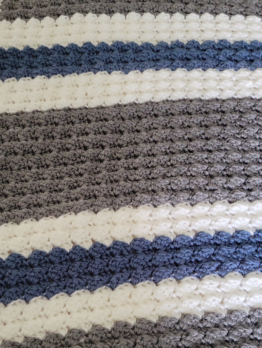 Hand Crafted Gray, White & Blue Striped Crochet Throw Blanket